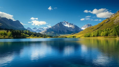 Snowy mountain range reflected in calm alpine lake.