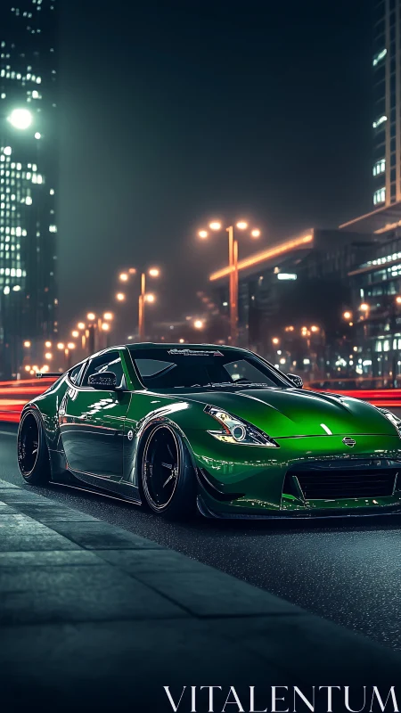 Lowered emerald sports coupe under neon city lights.