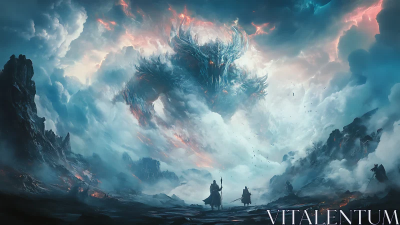 Colossal storm-titan emergence over volcanic ruin battlefield.