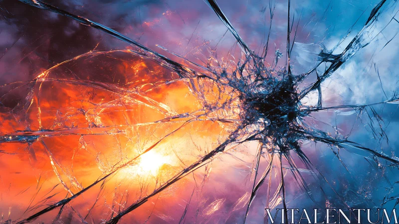 Fractured glass surface with contrasting warm and cool light.