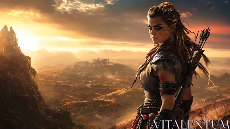 Armored archer watching a vast sunlit fantasy valley.