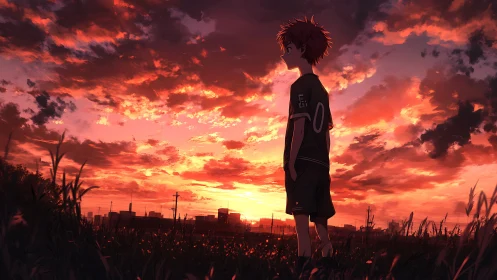 Backlit anime youth under volumetric crimson sunset sky.