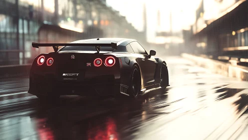 Sleek Nissan GT-R powers through rain on neon city streets.