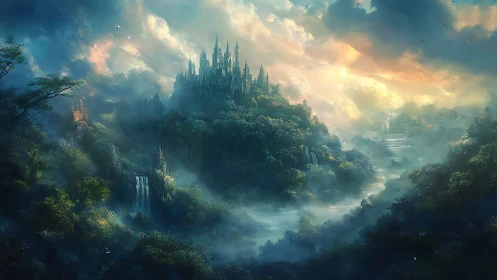 Fantasy mountain castle above misty forest river valley.