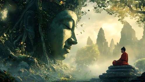 Monk meditates before colossal forest Buddha at dawn