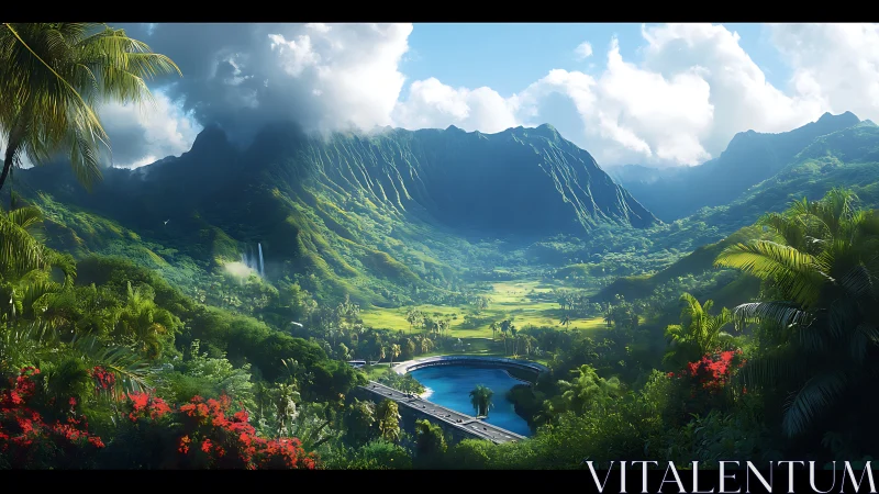 Sunlit tropical valley and lagoon bridge invite tranquil escape