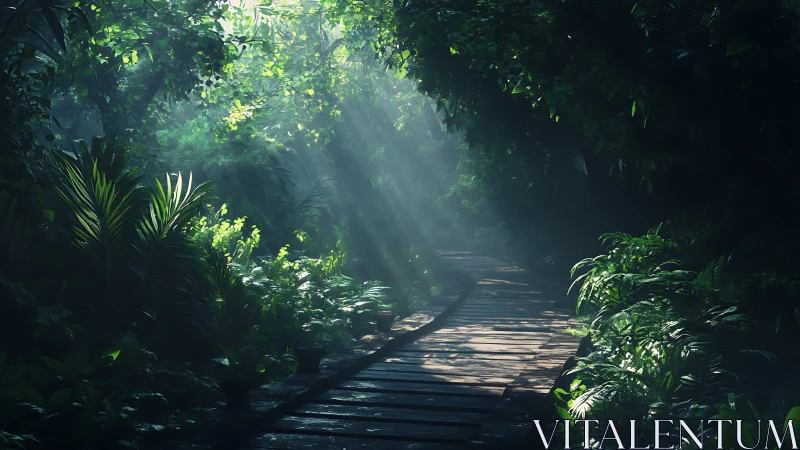 Wooden pathway through dense tropical forest canopy.