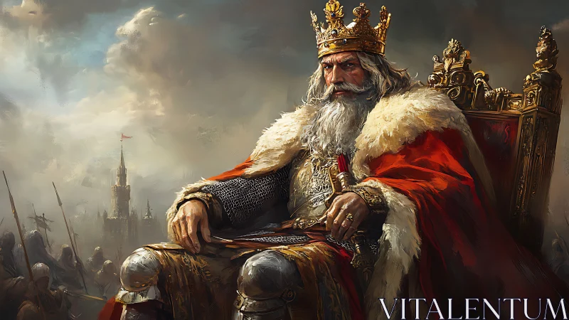 Regal medieval king in fur‑lined coronation robes on gilded throne
