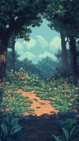 Pixelated Forest Clearing with Orange Flowers and Turquoise Sky Glimpse
