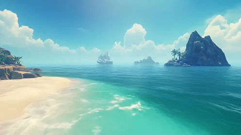 Tropical Paradise: Sailboat Anchored by Rocky Islands and Sandy Shore.