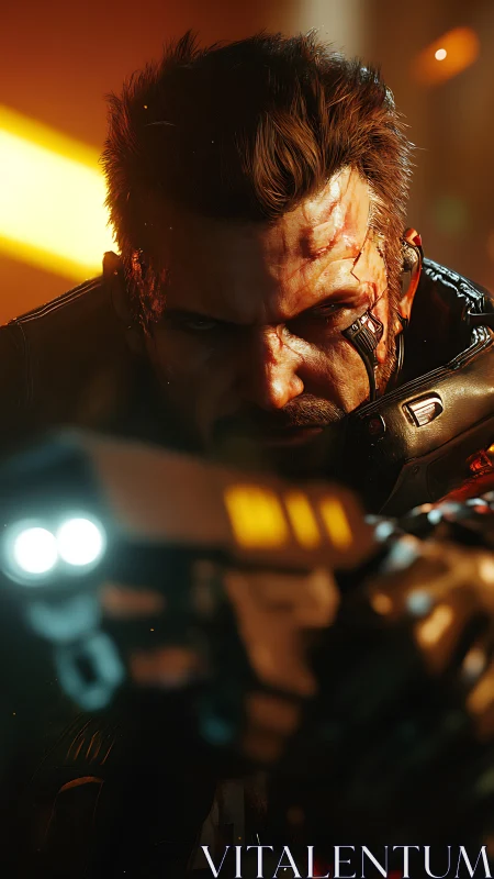 Cybernetic gunman aims futuristic pistol under neon light