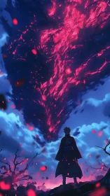 Silhouetted warrior under vortex of crimson arcane energy