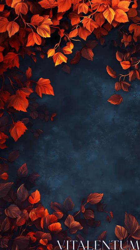 Red autumn leaves frame on dark textured blue background.