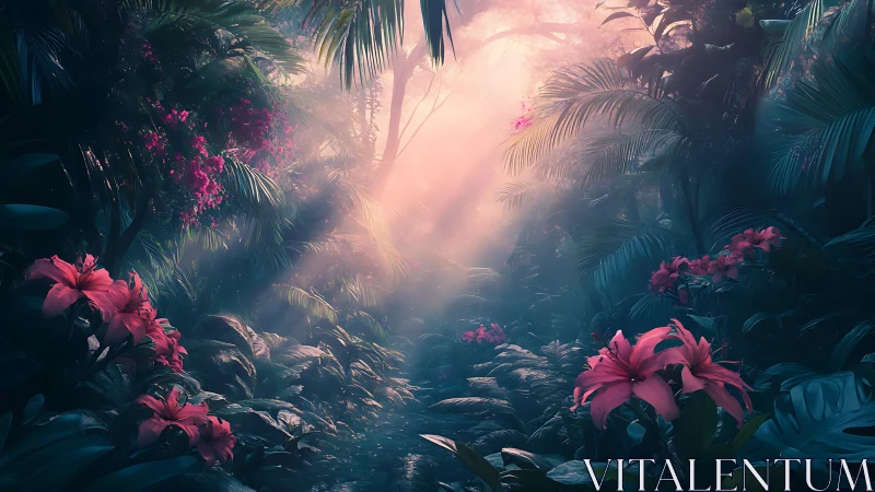 Sunlit jungle blooms drinking in a dreamlike rose dawn.