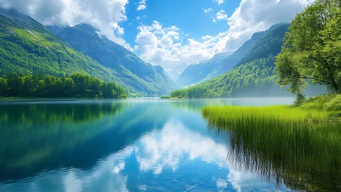 Serene alpine lake mirrored by lush mountains and sky.