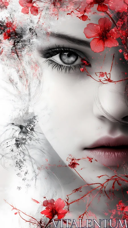 Partial female portrait with red floral digital overlay.