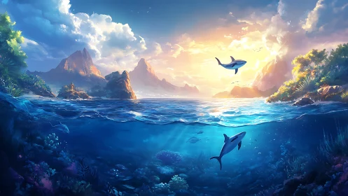 Sunlit island seascape with orcas and coral reef environment.