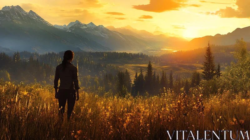 Backlit figure viewing alpine valley under golden sunset sky