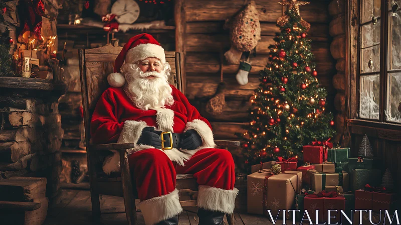 Santa in red suit sits in wooden cabin beside lit tree
