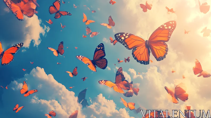 Multiple orange butterflies move across a bright clouded sky