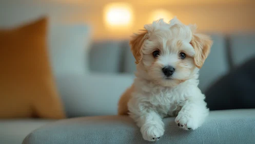 Couch-cloud puppy posing under golden evening glow.