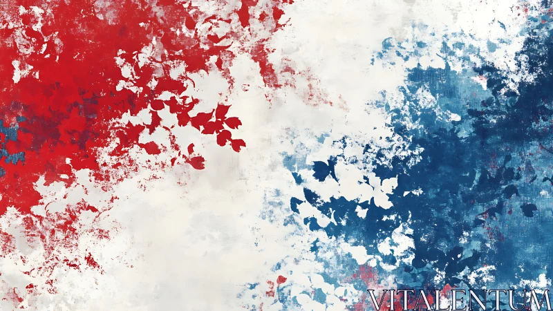 Red and blue abstract foliage spreading across white field.