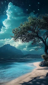 Nocturnal coastal landscape uniting celestial sky and luminous surf