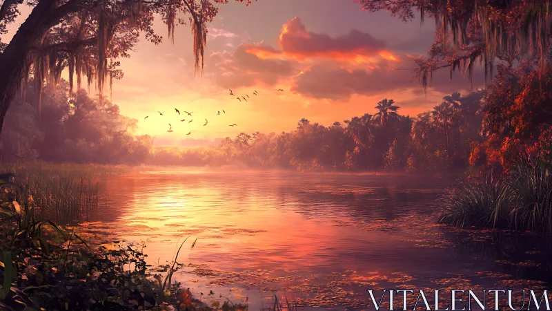 Radiant riverine sunset with volumetric light scattering glow.