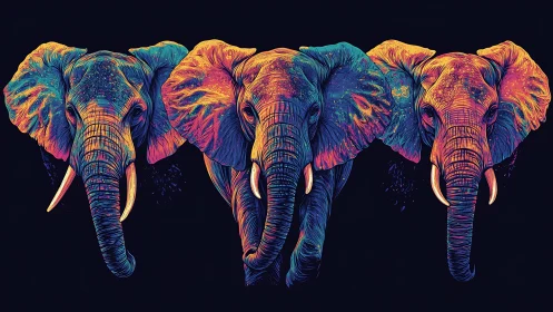Three neon colored elephant heads aligned on black background