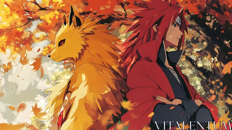 Autumn guardians stand together in a swirl of crimson leaves.