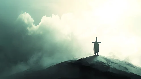 Backlit cloaked figure with cross silhouette on misty ridge
