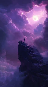 Moonlit dreamer stands on a purple cliff beneath glowing sky