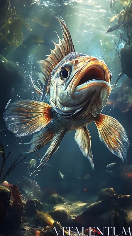 Dramatic underwater fish portrait with radiant fin detail.
