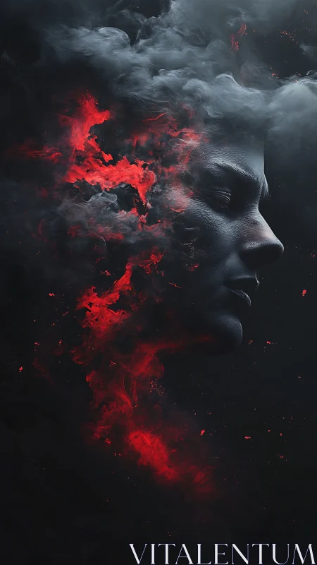 Human profile dissolving into red and gray drifting smoke.