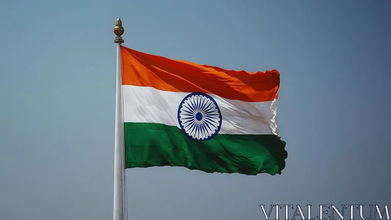 Indian tricolor flag billowing under clear blue sky.