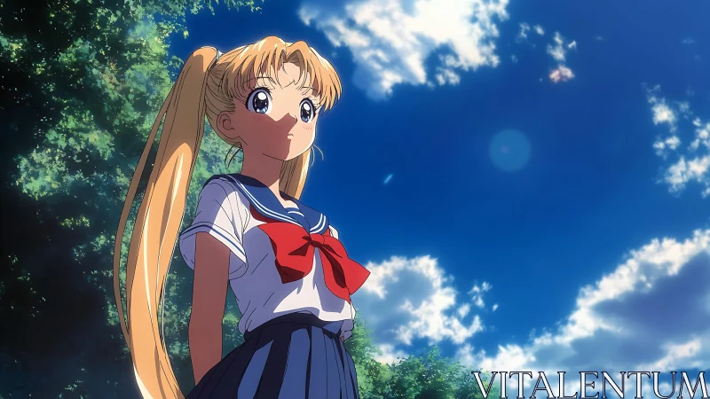 Sunlit schoolgirl under vivid summer anime sky.