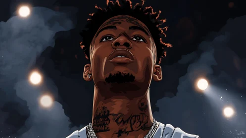 Tattooed performer under stadium lights, bold vector portrait.