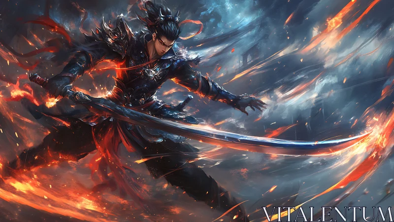 Volcanic blade dancer in high-energy elemental combat field.