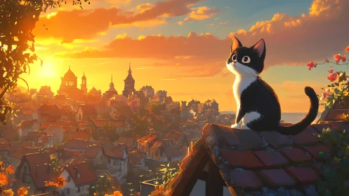 Curious Cat Surveys Ancient City From Golden Rooftop.
