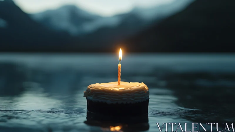 Luminous candle flame floating on tranquil alpine lake at dusk