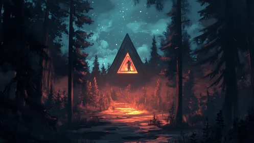 Forest scene with triangular portal structure and luminescent sky phenomenon.