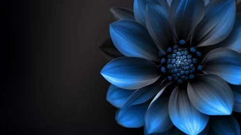 Volumetric Blue Dahlia with Textured Petals Against Dark Background.