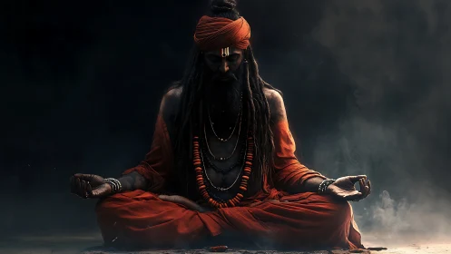 Mystic yogi in deep meditation glows against shadowed void