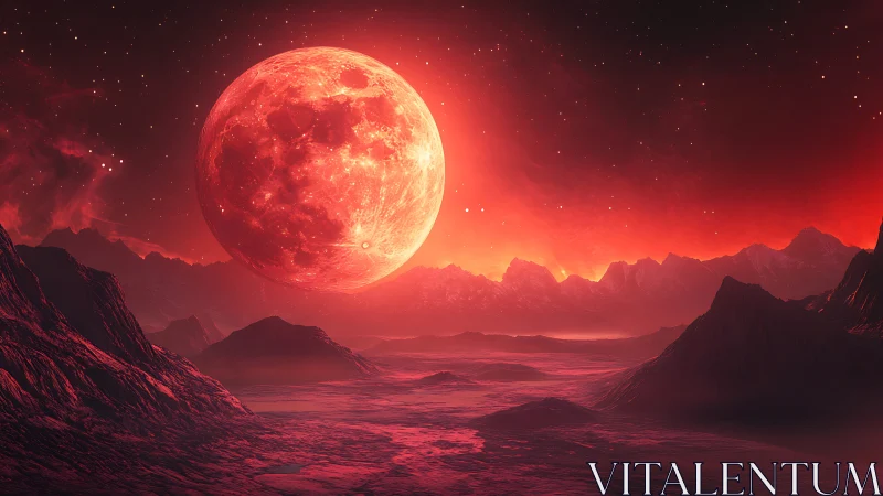 Digital painting of crimson alien moonrise over lava plains.