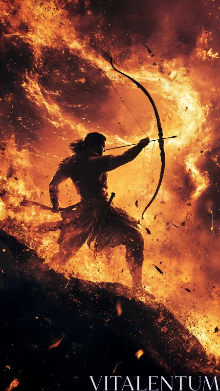 Fiery warrior archer silhouetted against raging flames.