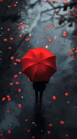 Solitary figure with red umbrella stands on wet asphalt