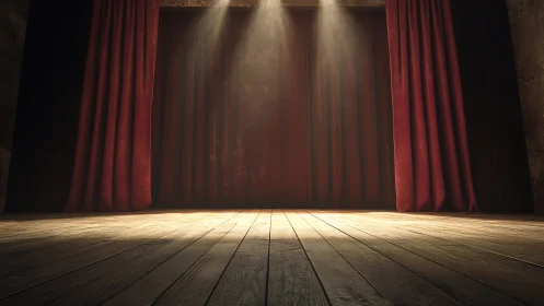 Empty theater stage with closed red curtain under lights.