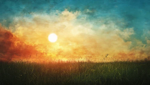 Sunlit meadow horizon under glowing painterly sky at dusk.