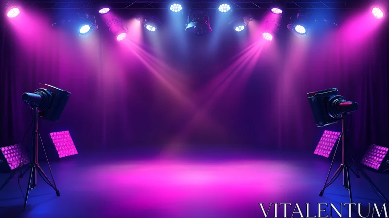 Neon stage hush under candy lights awaiting the spotlighted story.