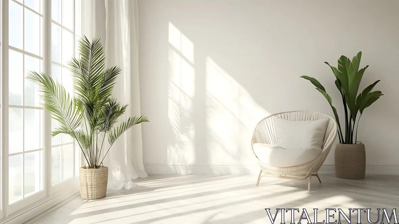 Sunlit reading corner welcomes calm with plants and softness